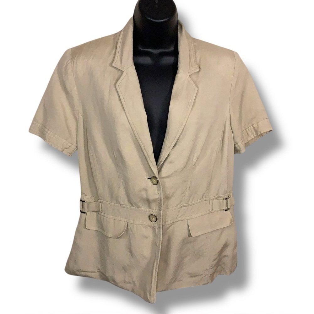 Size 12 Slim Fit 212 Collection Beige Linen Blend Short Sleeve Blazer Top Buckle